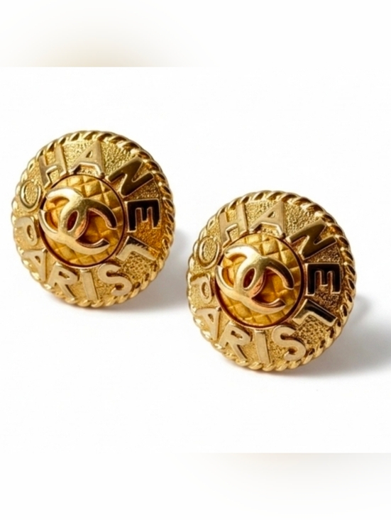 CHANEL Jewelry - CHANEL Rare CC Logo Quilted Gold Earrings, Vintage With COA